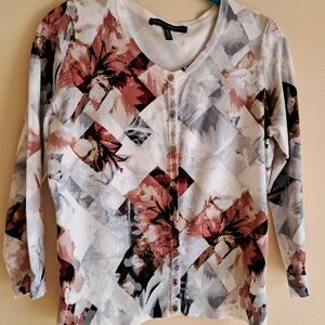 White House Black Market Floral Button Down Shirt - Red, Black, White